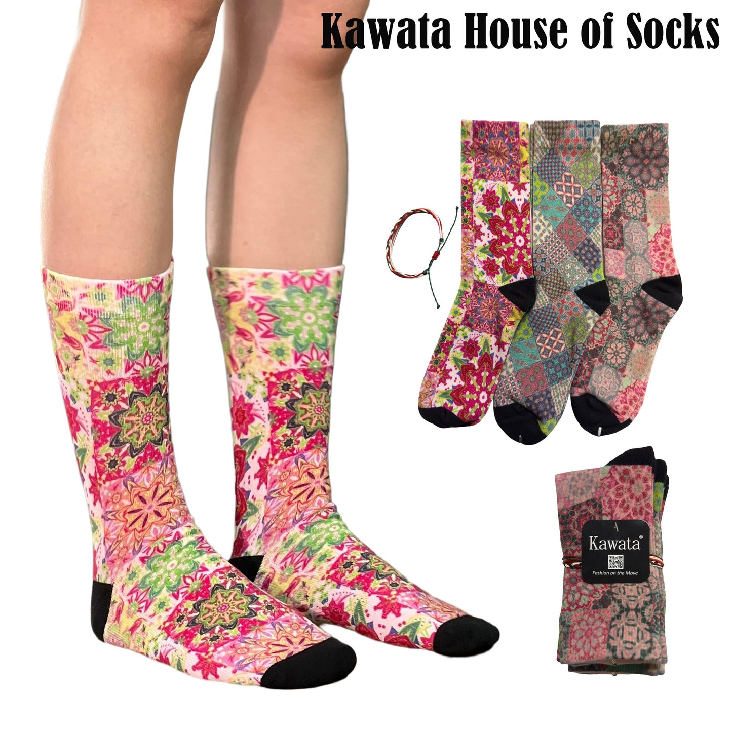 3-in-1 Motif Designs Bundle Mid-Calf Socks EU35-EU39 ( Set A )